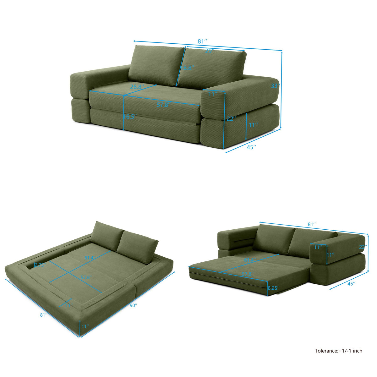 Dimensions: 81 in wide, 45 in deep, 33 in high, 16.5 in seat height; bed 81 by 90 in — dimensions — Green