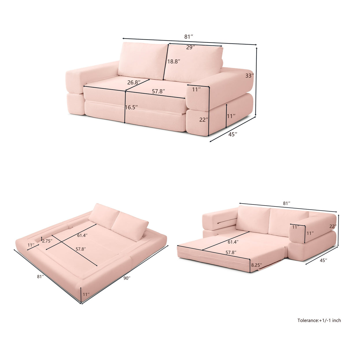 Dimensions: 81 in wide, 45 in deep, 33 in high, 16.5 in seat height; bed 81 by 90 in — dimensions — Light Pink