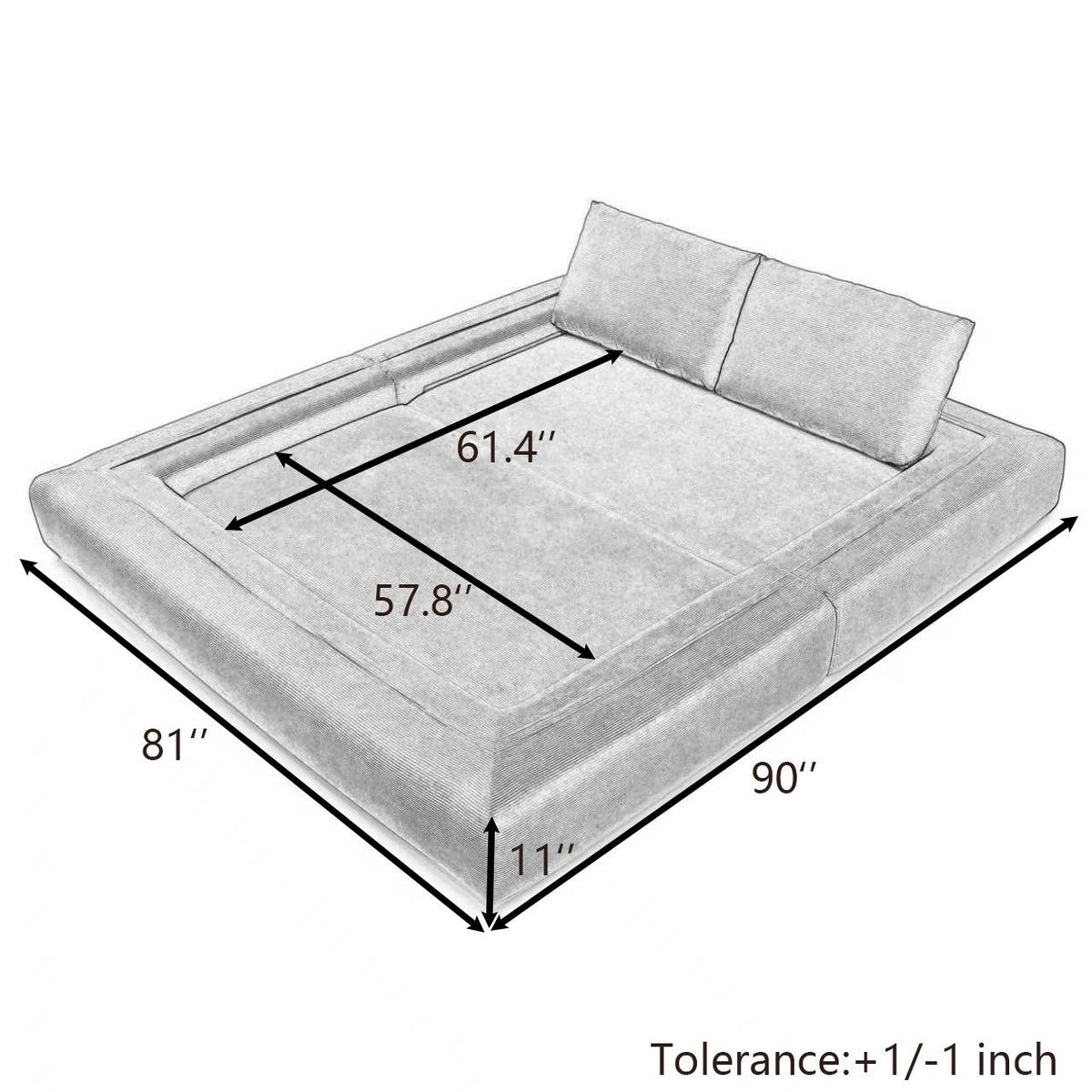 Dimensions: bed 81 by 90 in, 11 in high, bed mode — dimensions — Orange