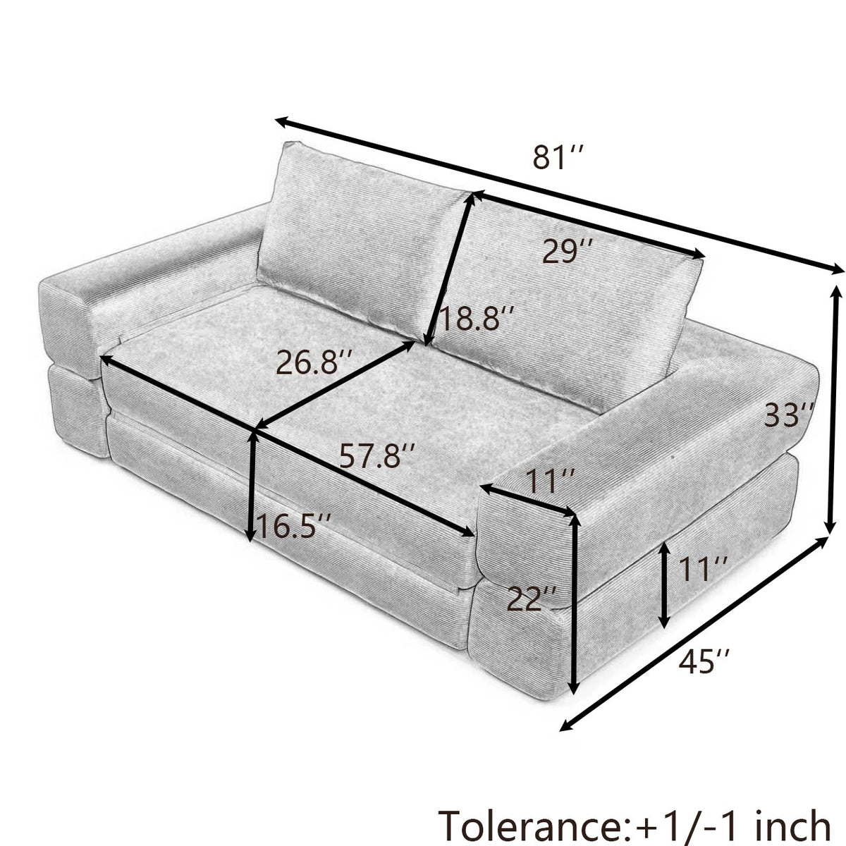 Dimensions: 81 in wide, 45 in deep, 33 in high, 16.5 in seat height, sofa mode — dimensions — Orange