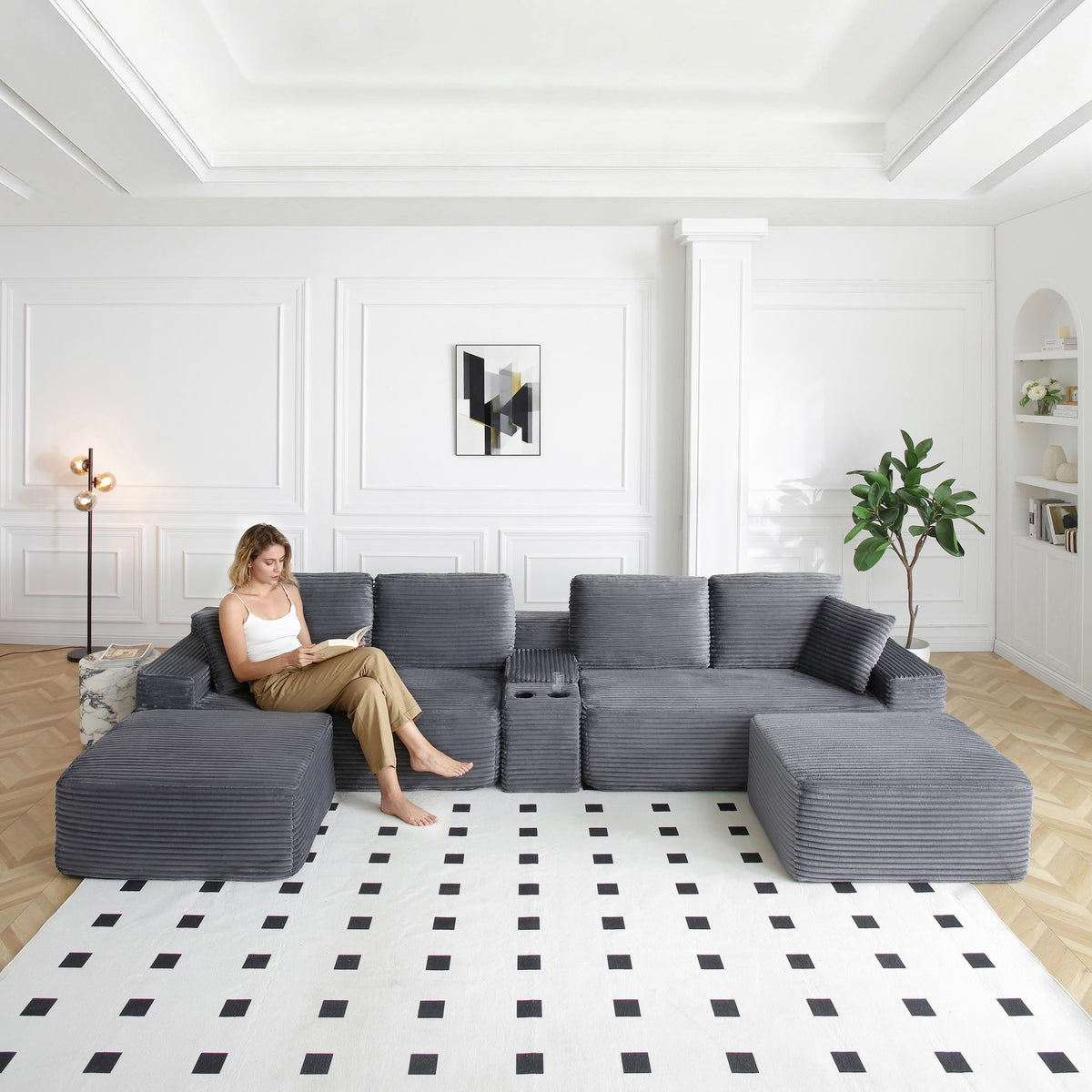 Corduroy Boneless Sectional — 4-Seat, 142"W — Grey