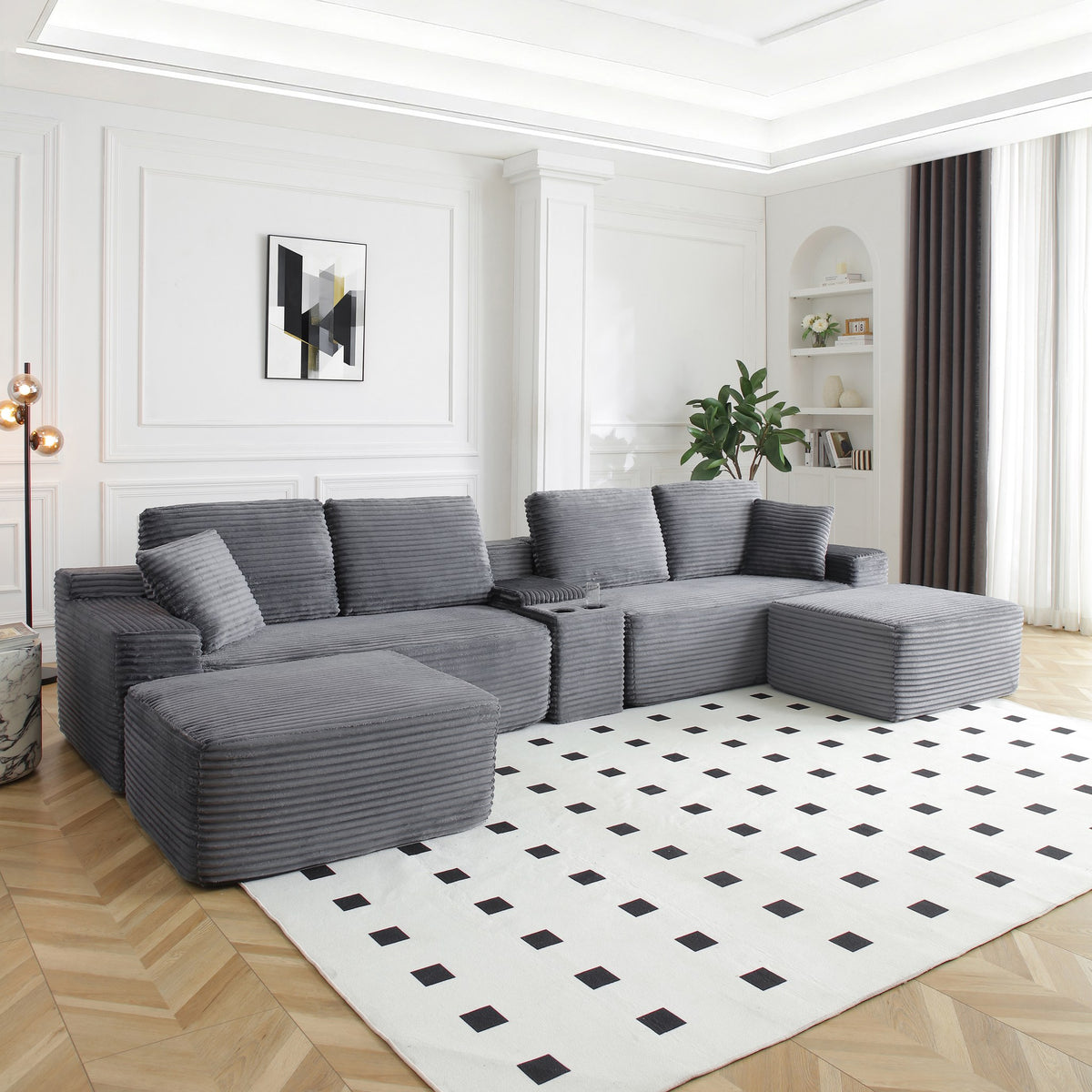 Corduroy Boneless Sectional — 4-Seat, 142"W — Grey