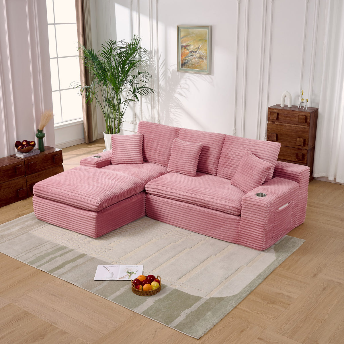 Corduroy Boneless Sectional — 4-Seat — Pink