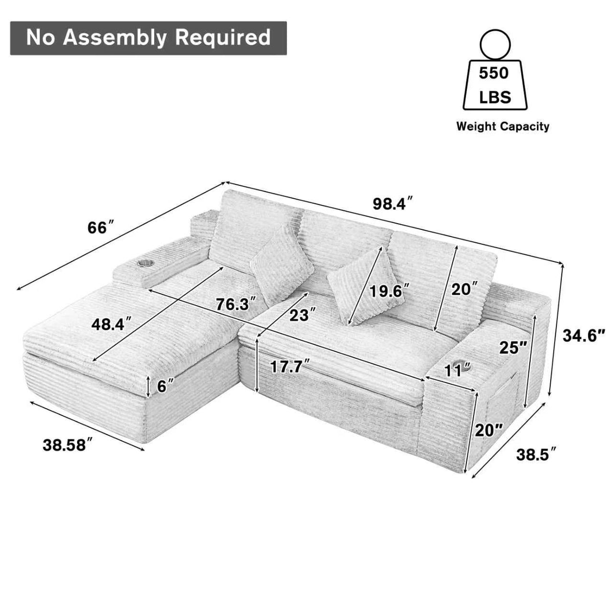 Corduroy Boneless Sectional — 4-Seat — Pink