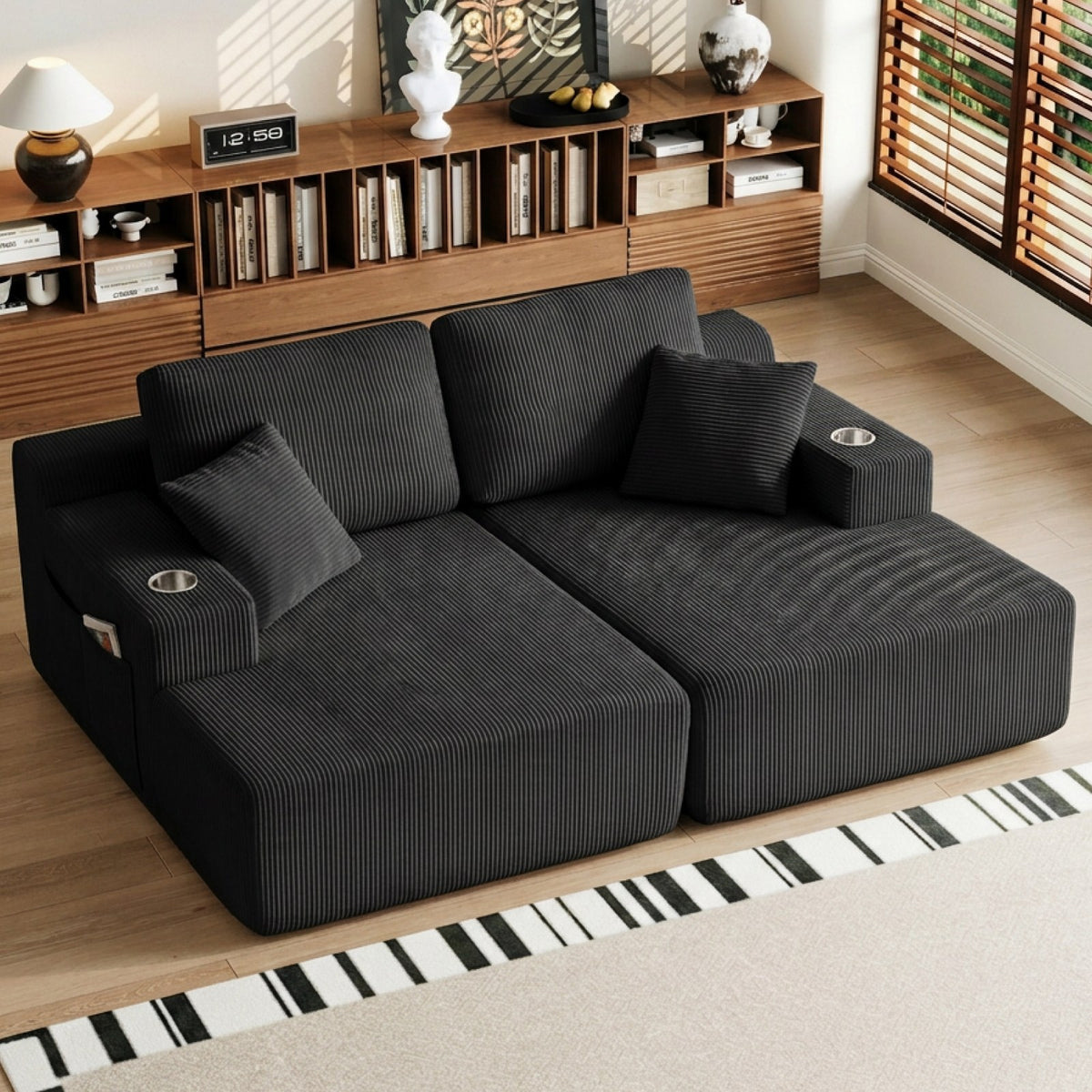 Corduroy Boneless Sectional — 6-Seat — Black