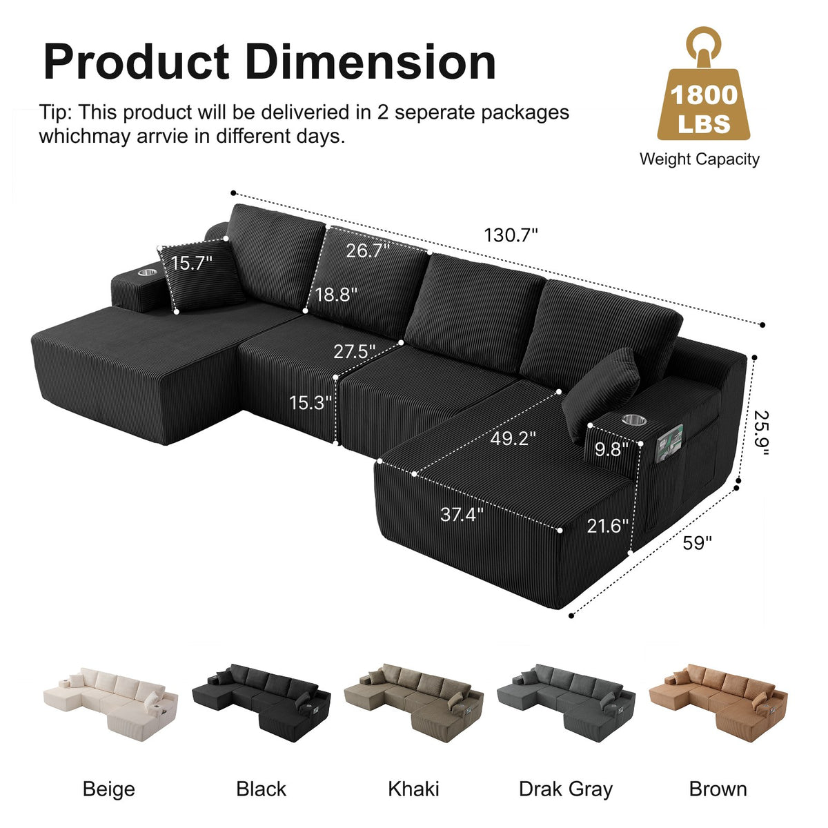 Corduroy Boneless Sectional — 6-Seat — Black