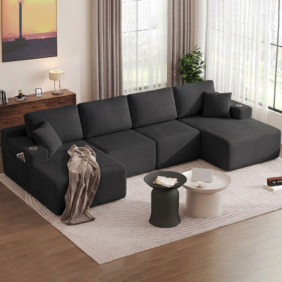 Corduroy Boneless Sectional — 6-Seat — Black