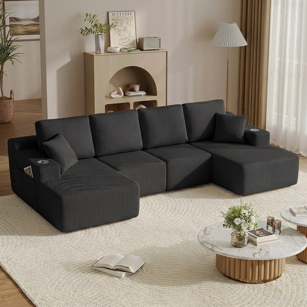 Corduroy Boneless Sectional — 6-Seat — Black