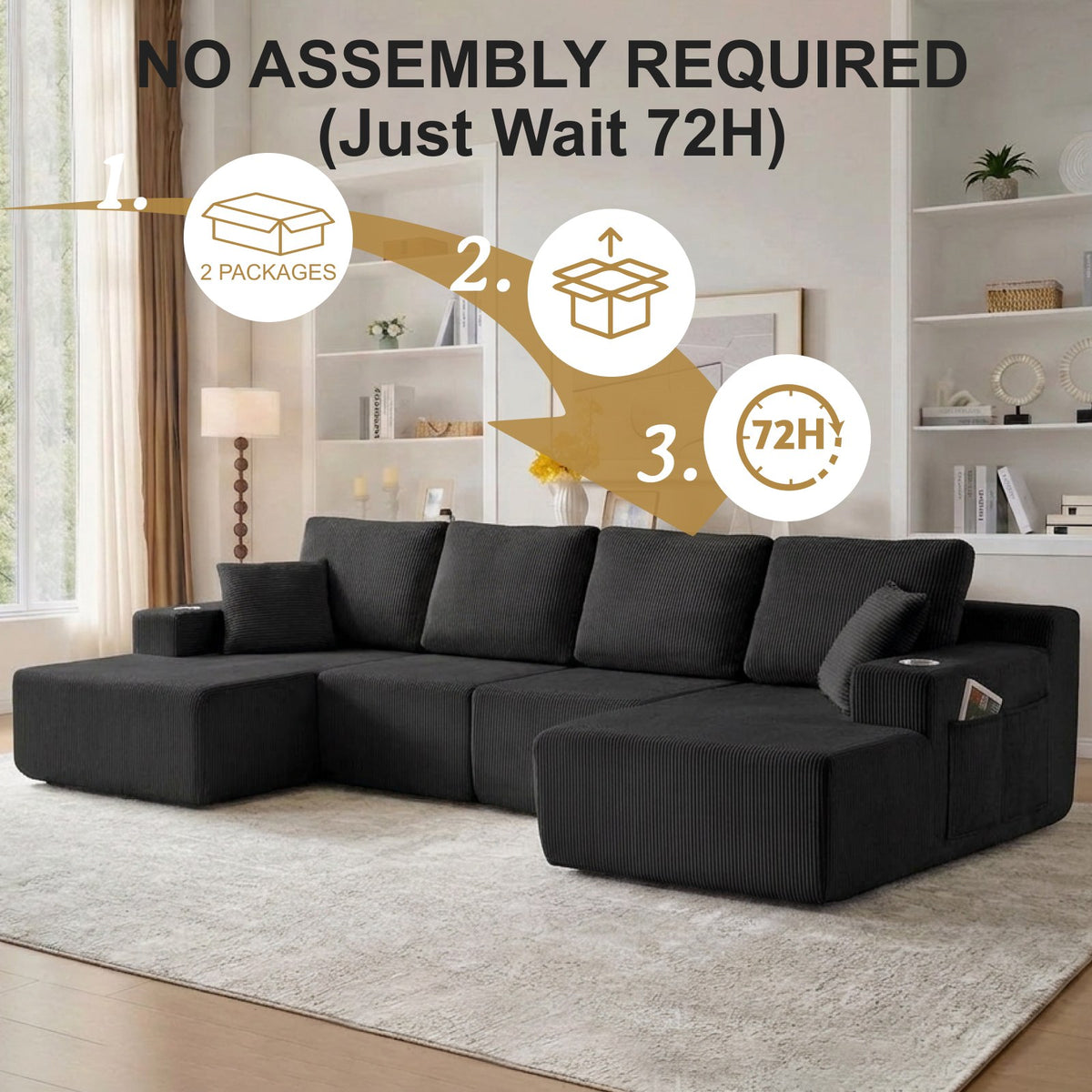 Corduroy Boneless Sectional — 6-Seat — Black