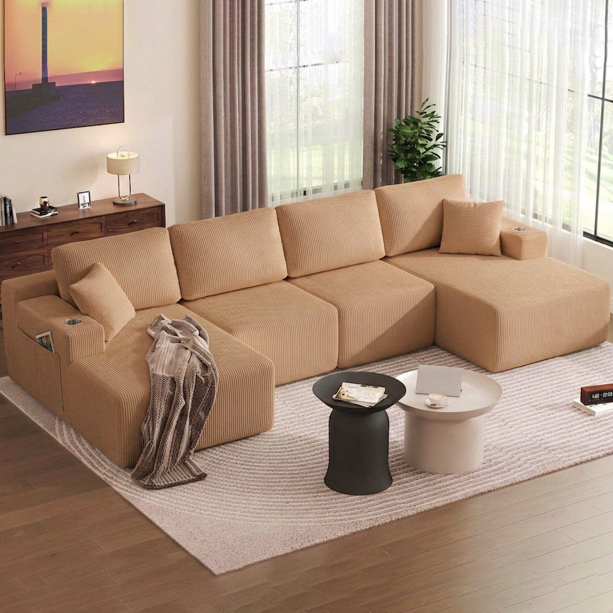 Corduroy Boneless Sectional — 6-Seat — Brown