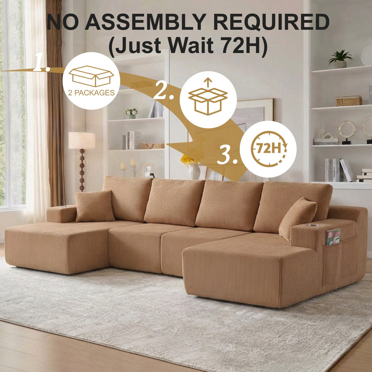 Corduroy Boneless Sectional — 6-Seat — Brown