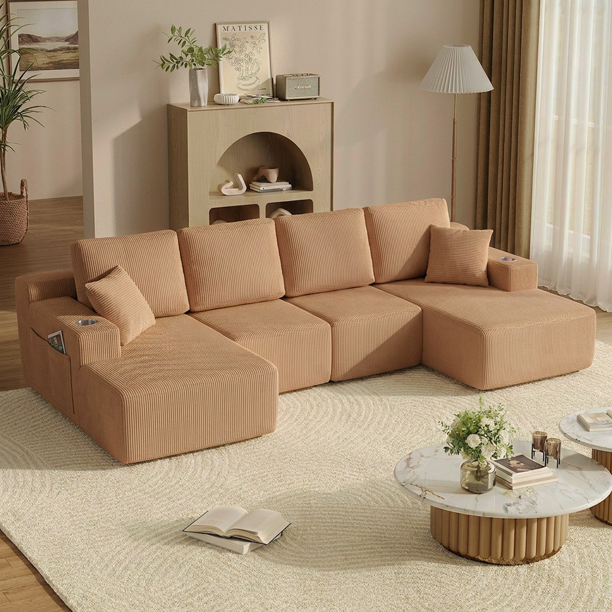 Corduroy Boneless Sectional — 6-Seat — Brown