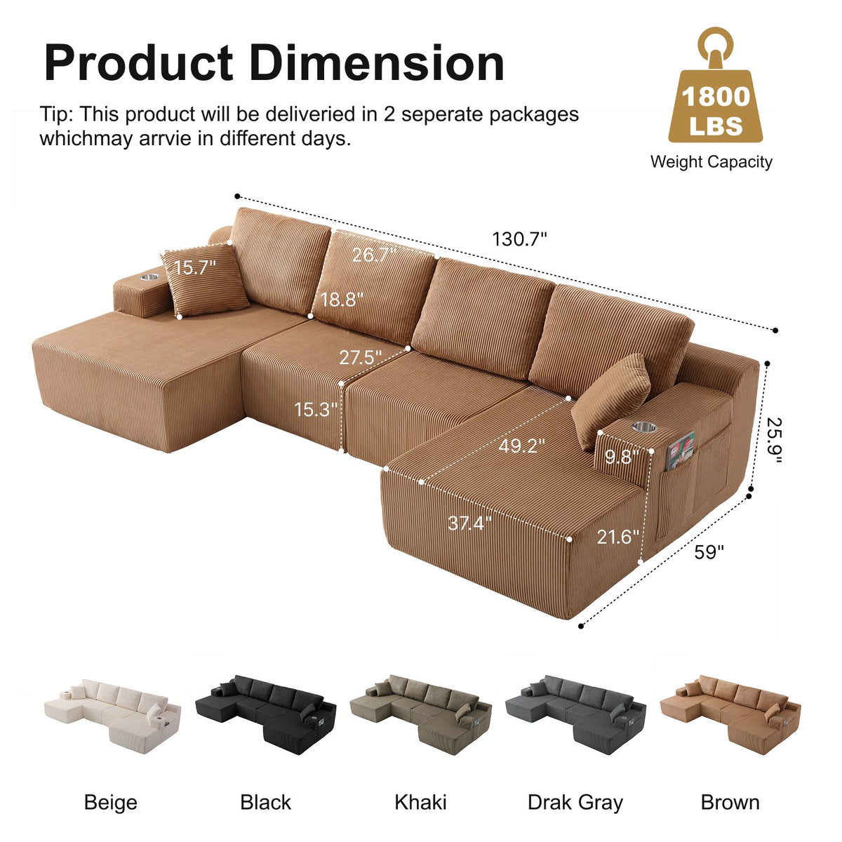 Corduroy Boneless Sectional — 6-Seat — Brown