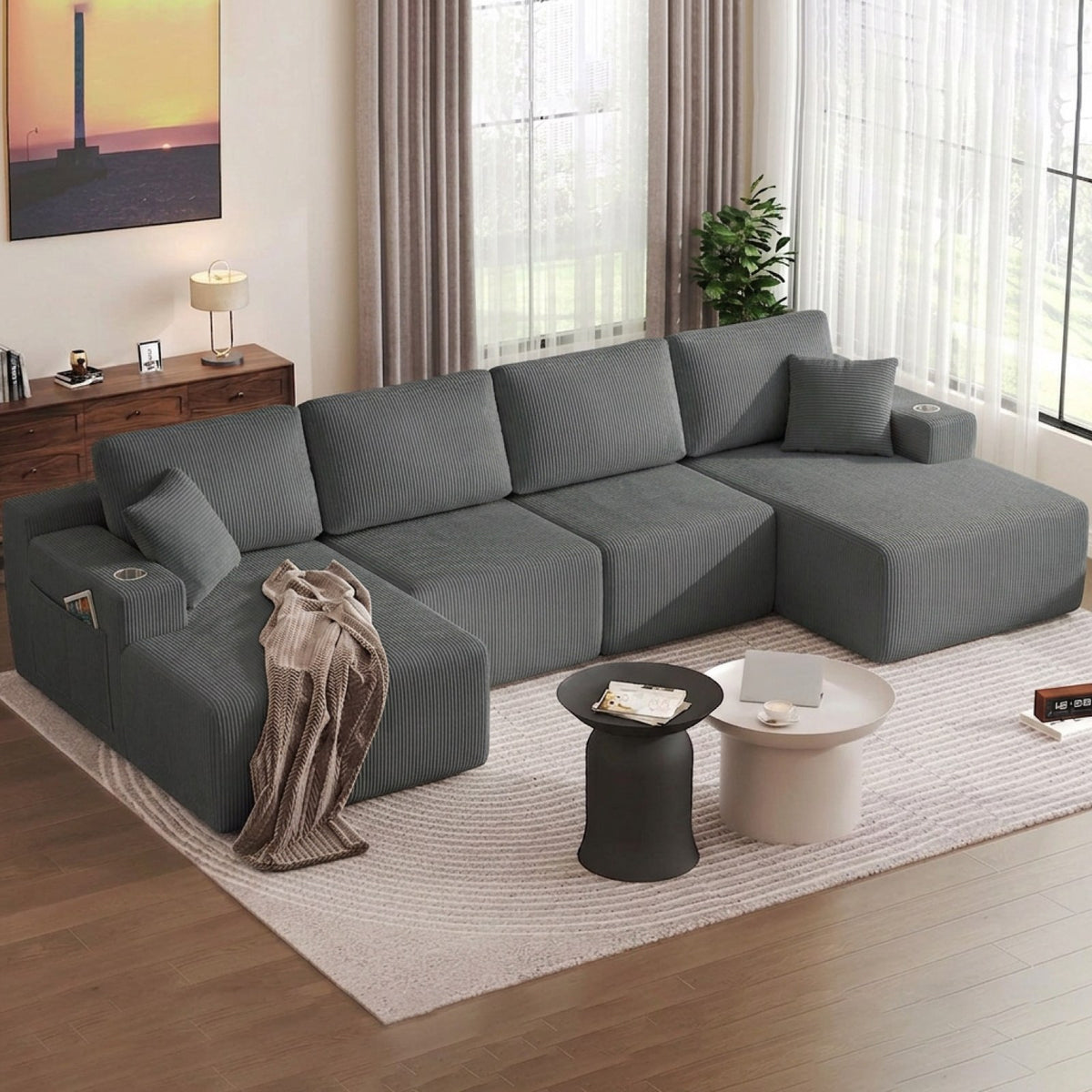 Corduroy Boneless Sectional — 6-Seat — Gray