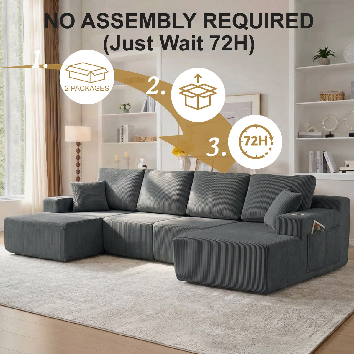 Corduroy Boneless Sectional — 6-Seat — Gray
