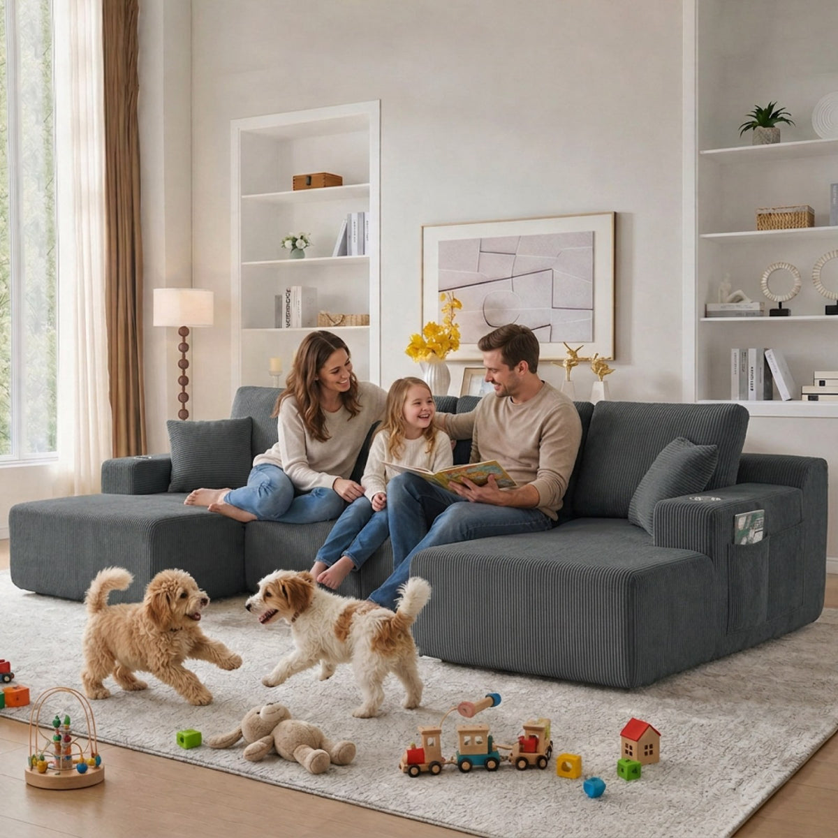 Corduroy Boneless Sectional — 6-Seat — Gray