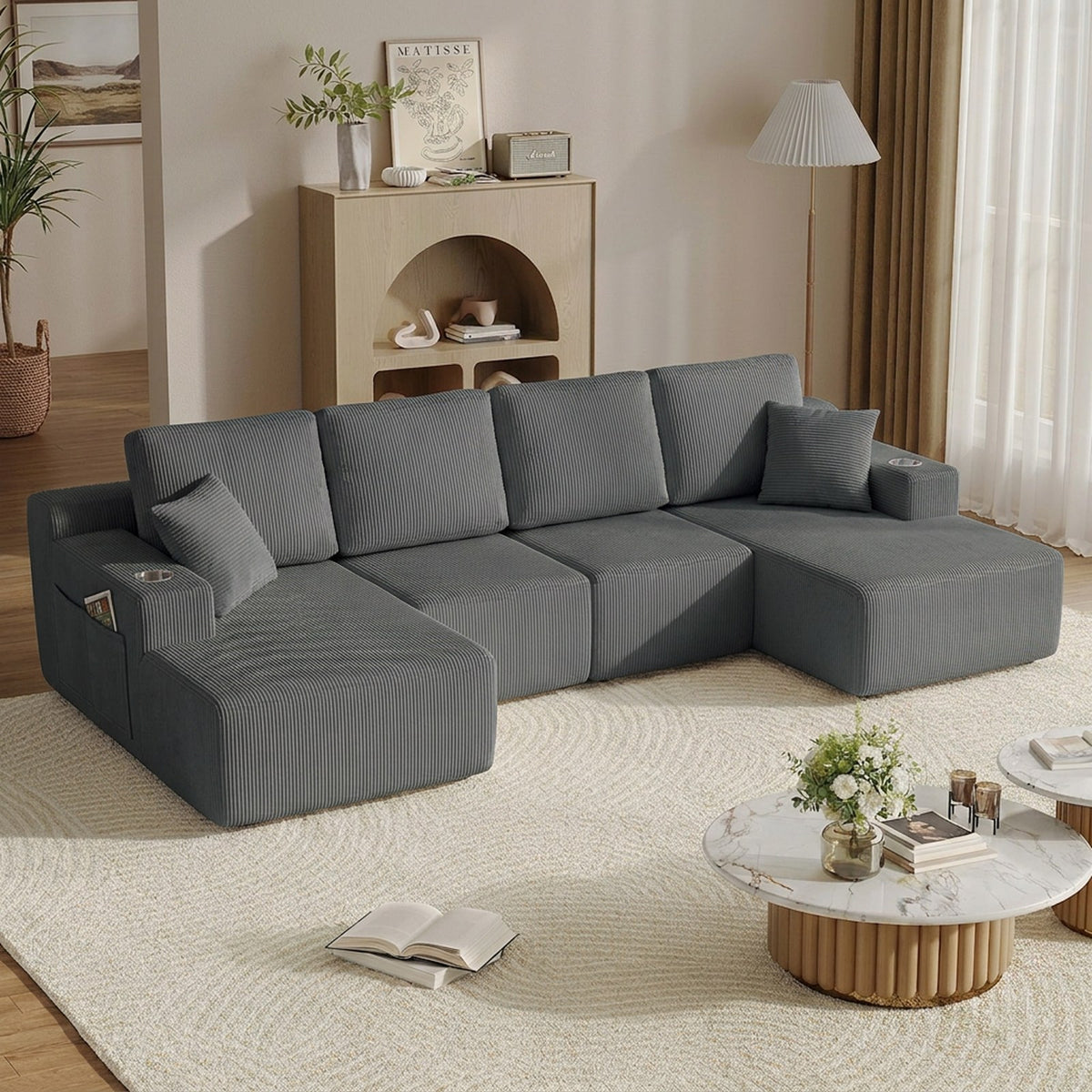 Corduroy Boneless Sectional — 6-Seat — Gray