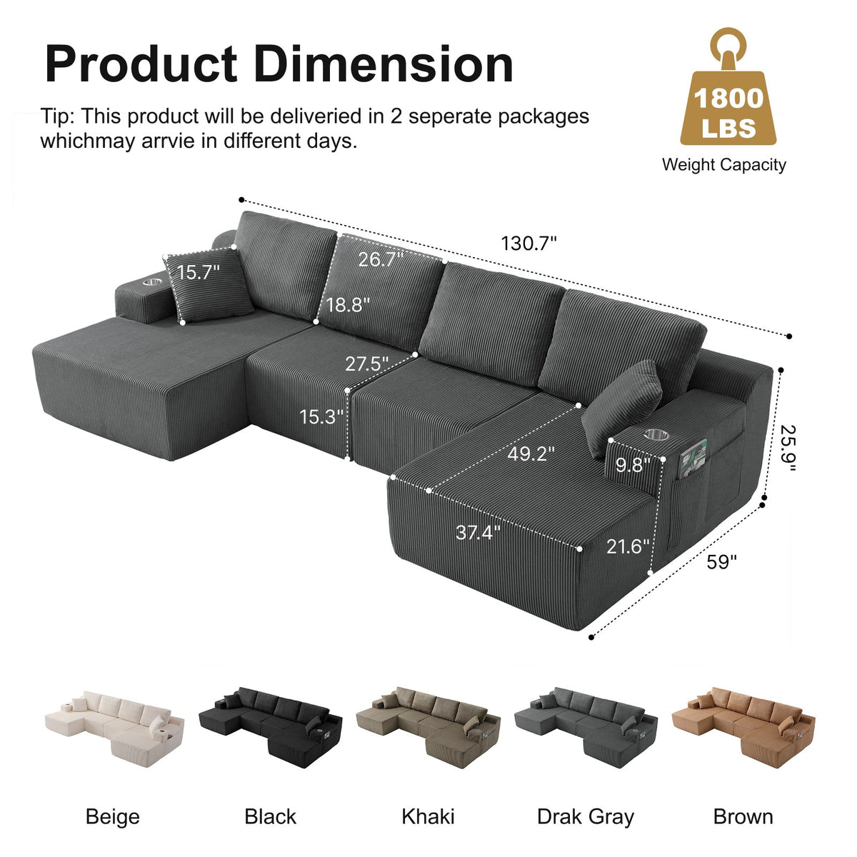 Corduroy Boneless Sectional — 6-Seat — Gray