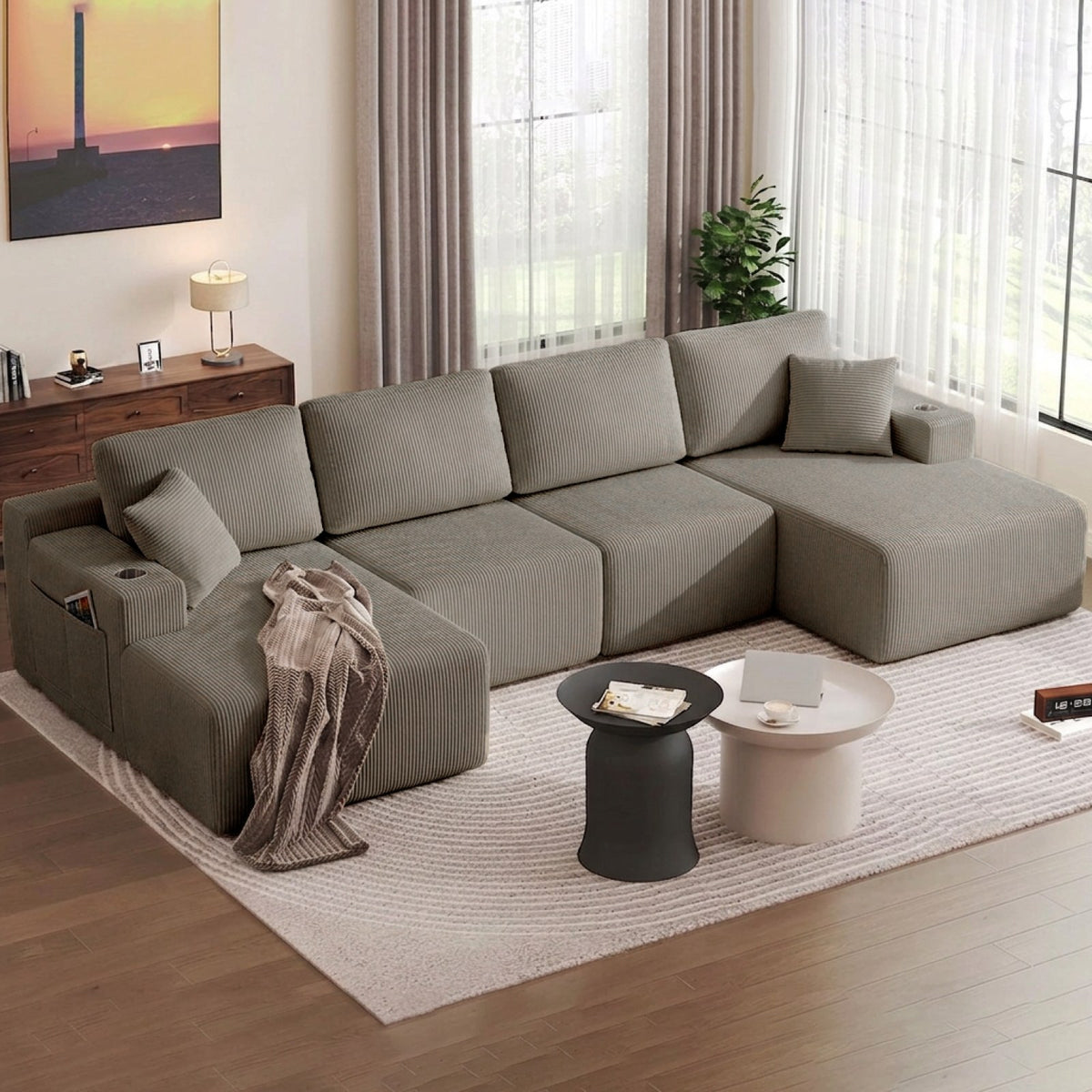 Corduroy Boneless Sectional — 6-Seat — Taupe