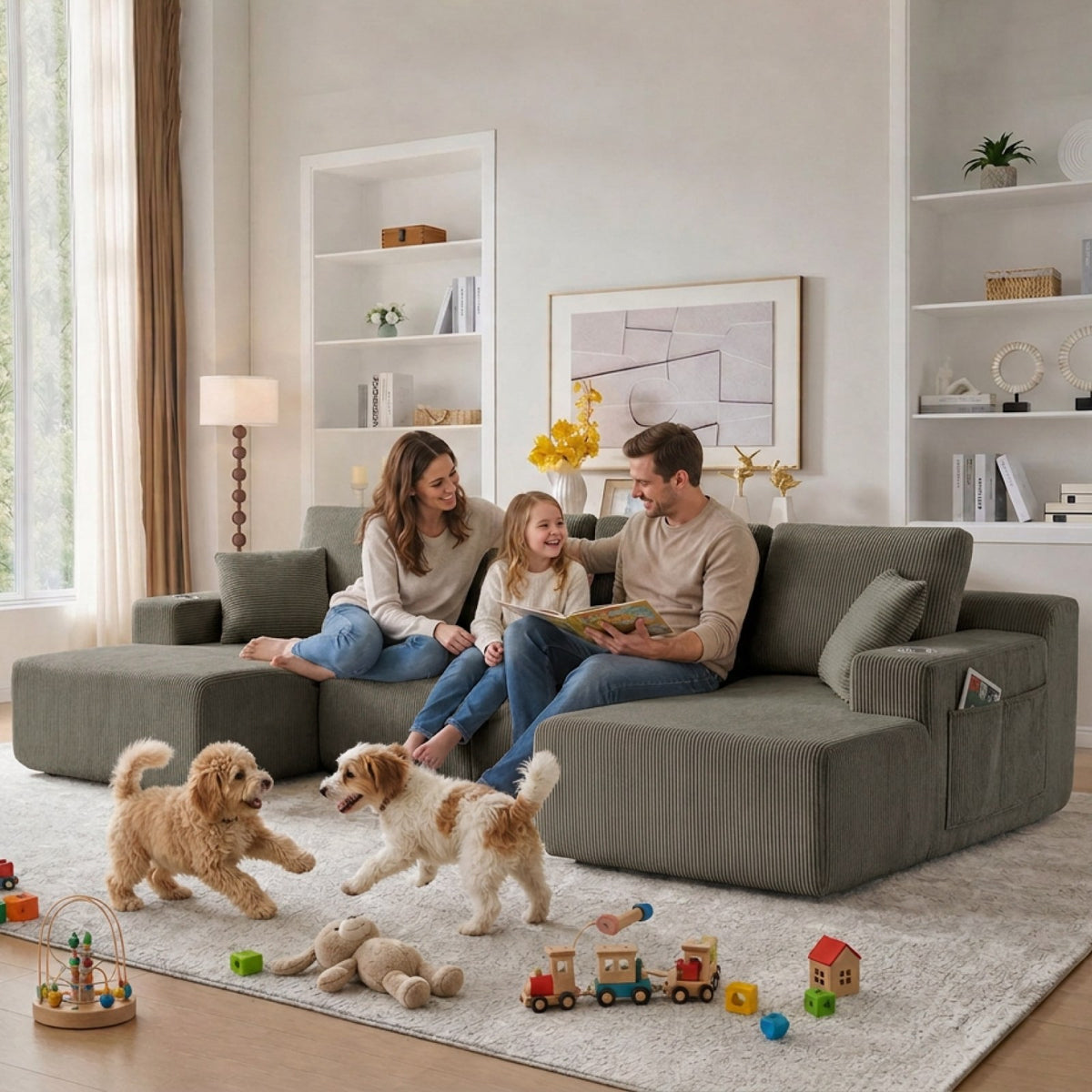 Corduroy Boneless Sectional — 6-Seat — Taupe