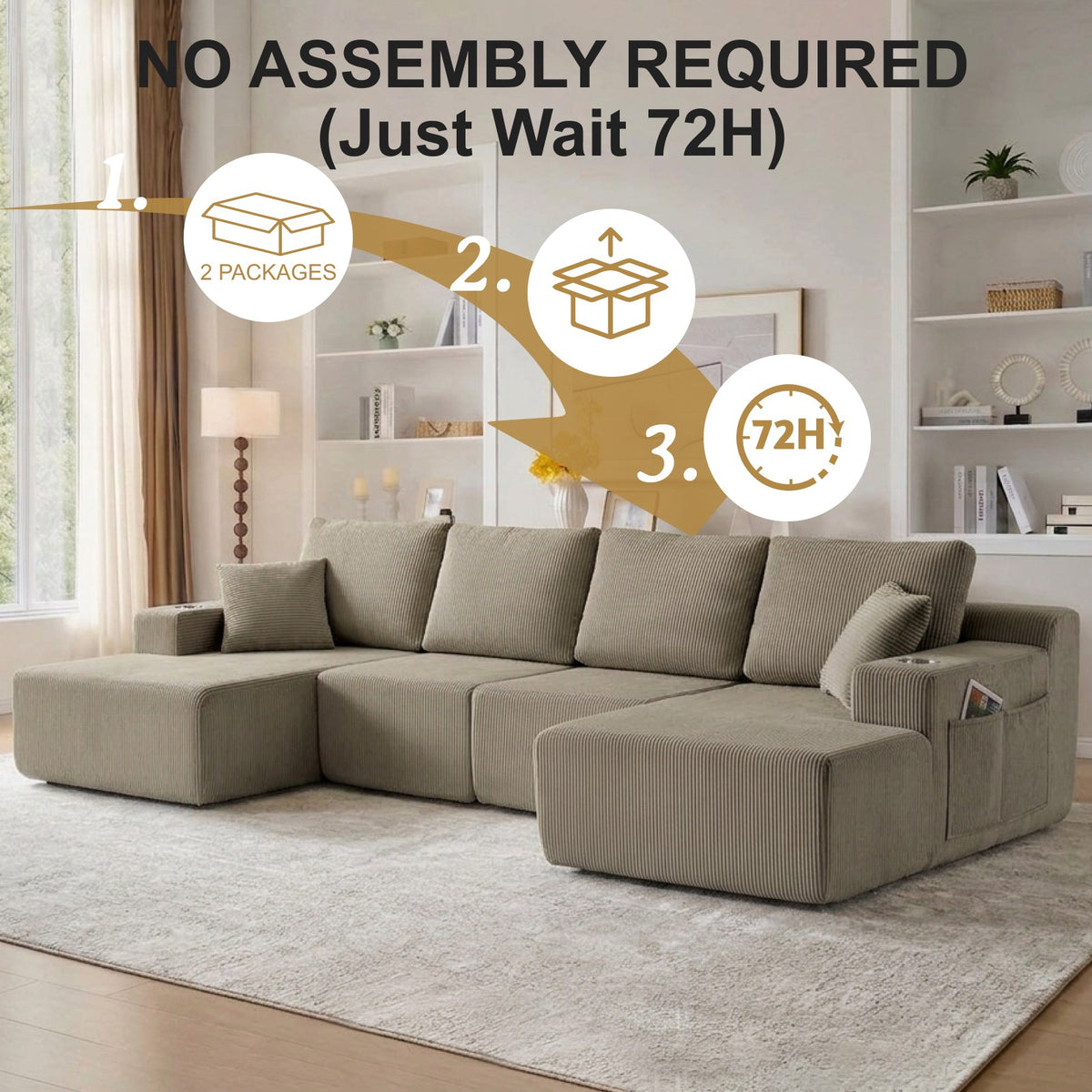 Corduroy Boneless Sectional — 6-Seat — Taupe
