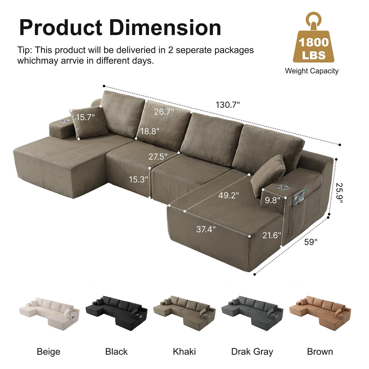 Corduroy Boneless Sectional — 6-Seat — Taupe