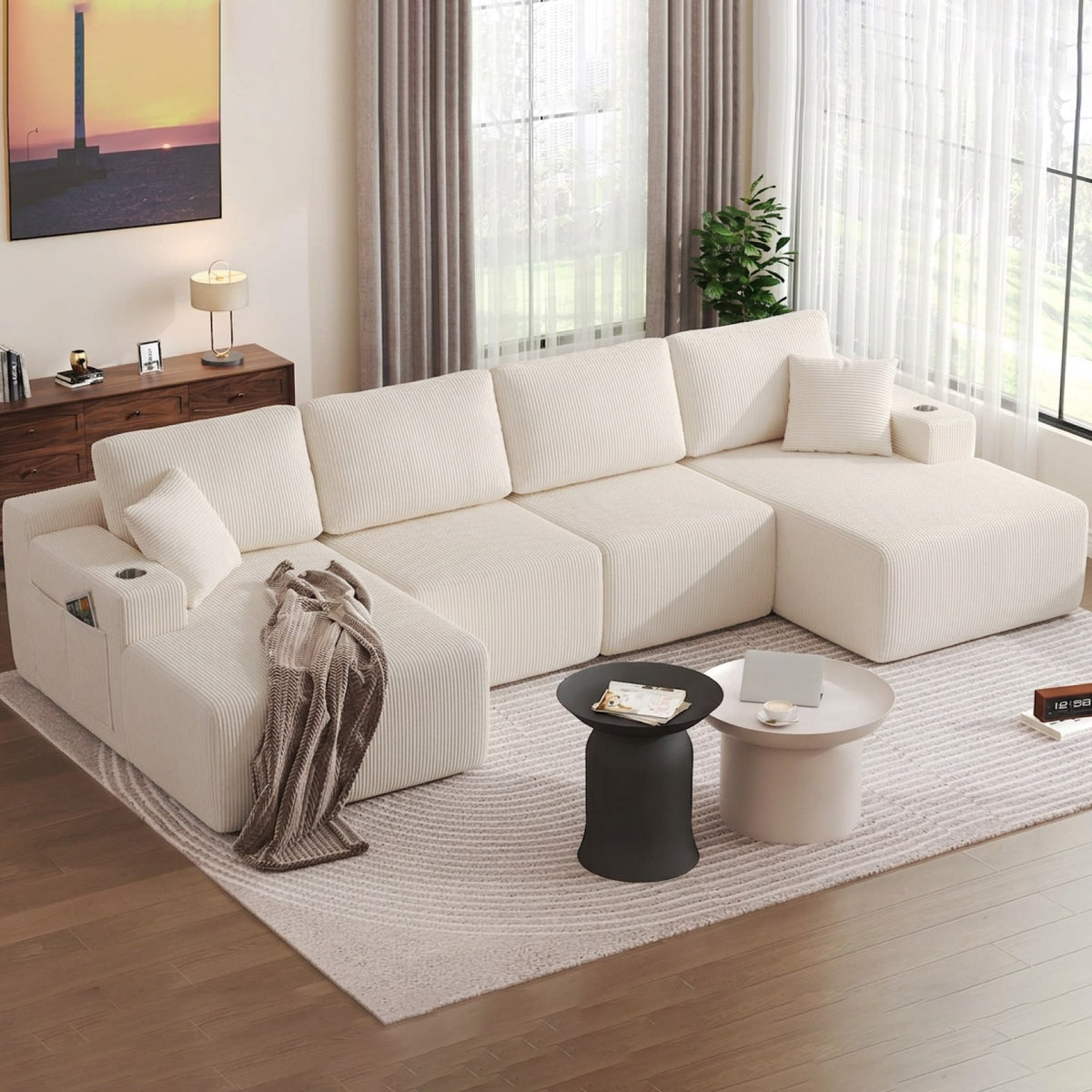 Corduroy Boneless Sectional — 6-Seat — White