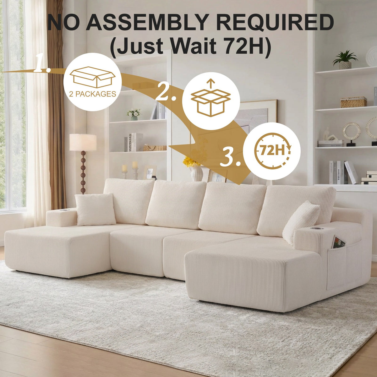 Corduroy Boneless Sectional — 6-Seat — White