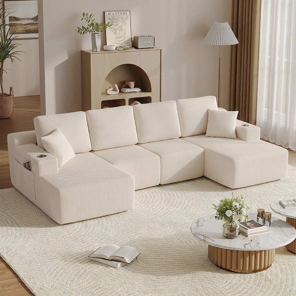 Corduroy Boneless Sectional — 6-Seat — White