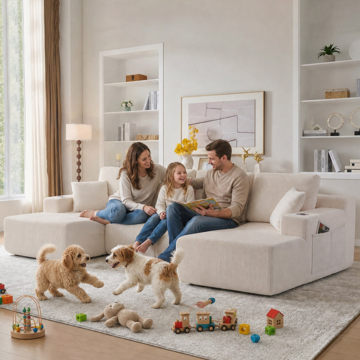 Corduroy Boneless Sectional — 6-Seat — White