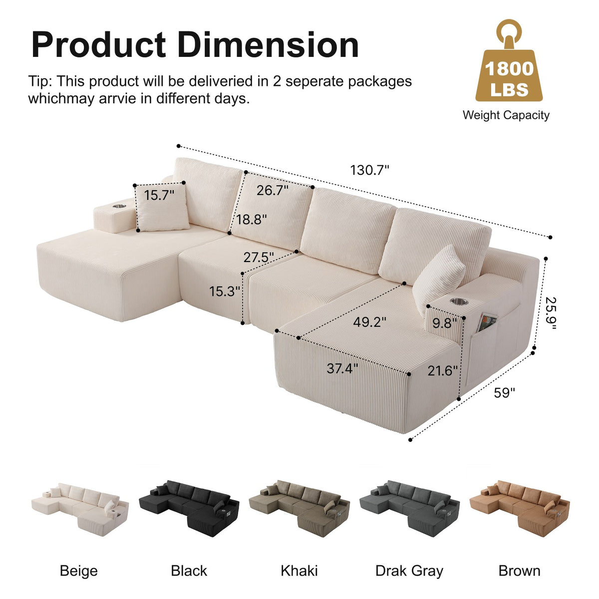 Corduroy Boneless Sectional — 6-Seat — White