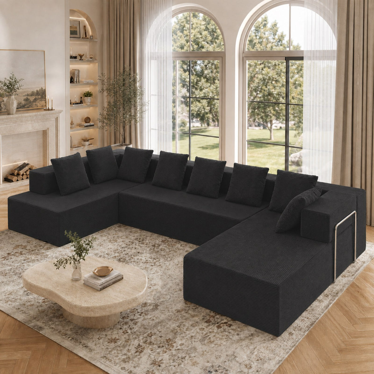 Corduroy Boneless Sectional — 7-Seat — Black