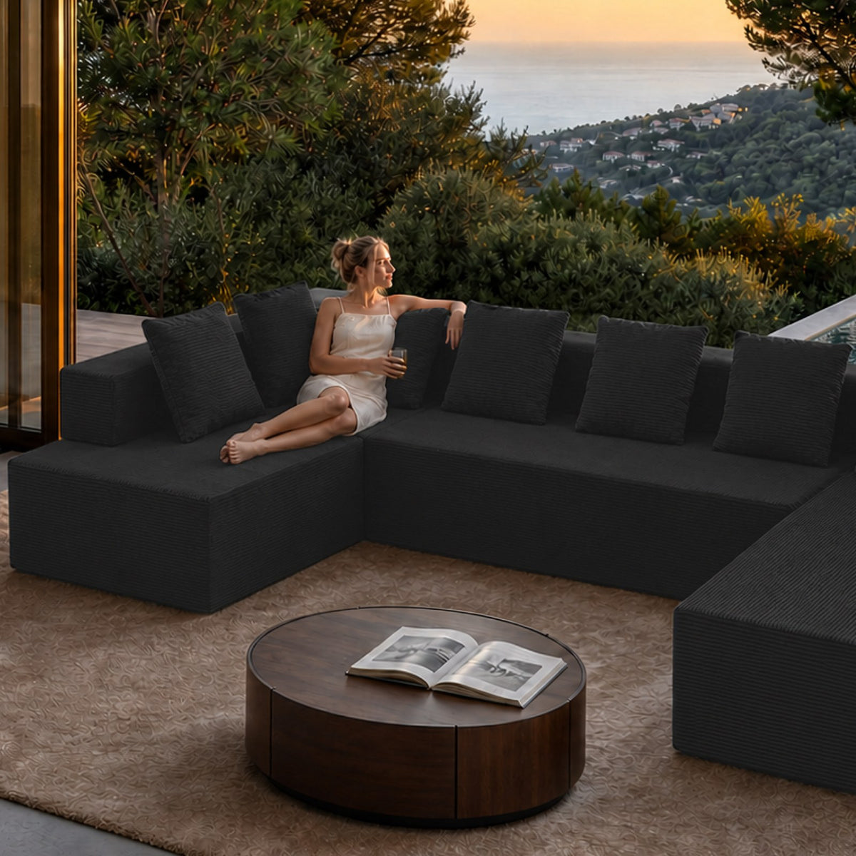 Corduroy Boneless Sectional — 7-Seat — Black