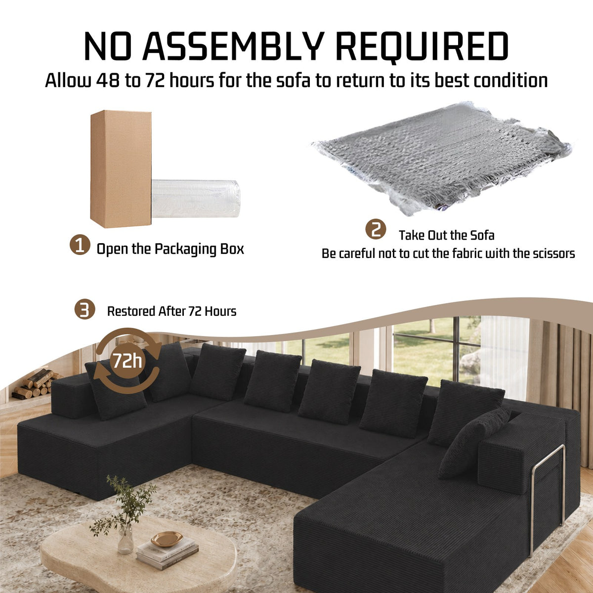 Corduroy Boneless Sectional — 7-Seat — Black