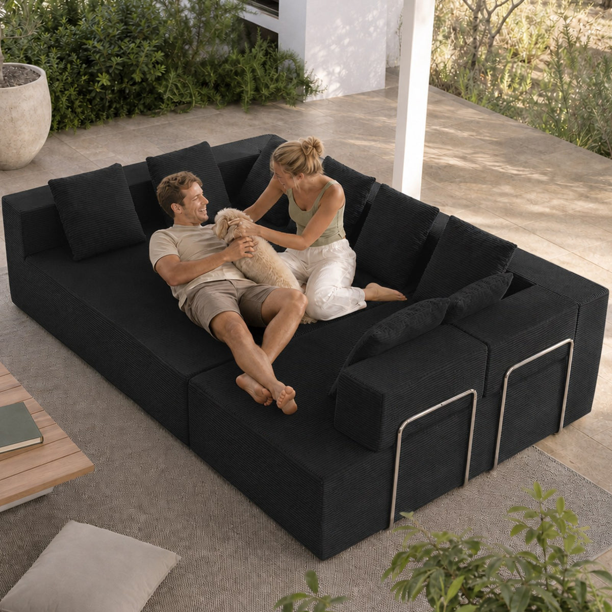 Corduroy Boneless Sectional — 7-Seat — Black