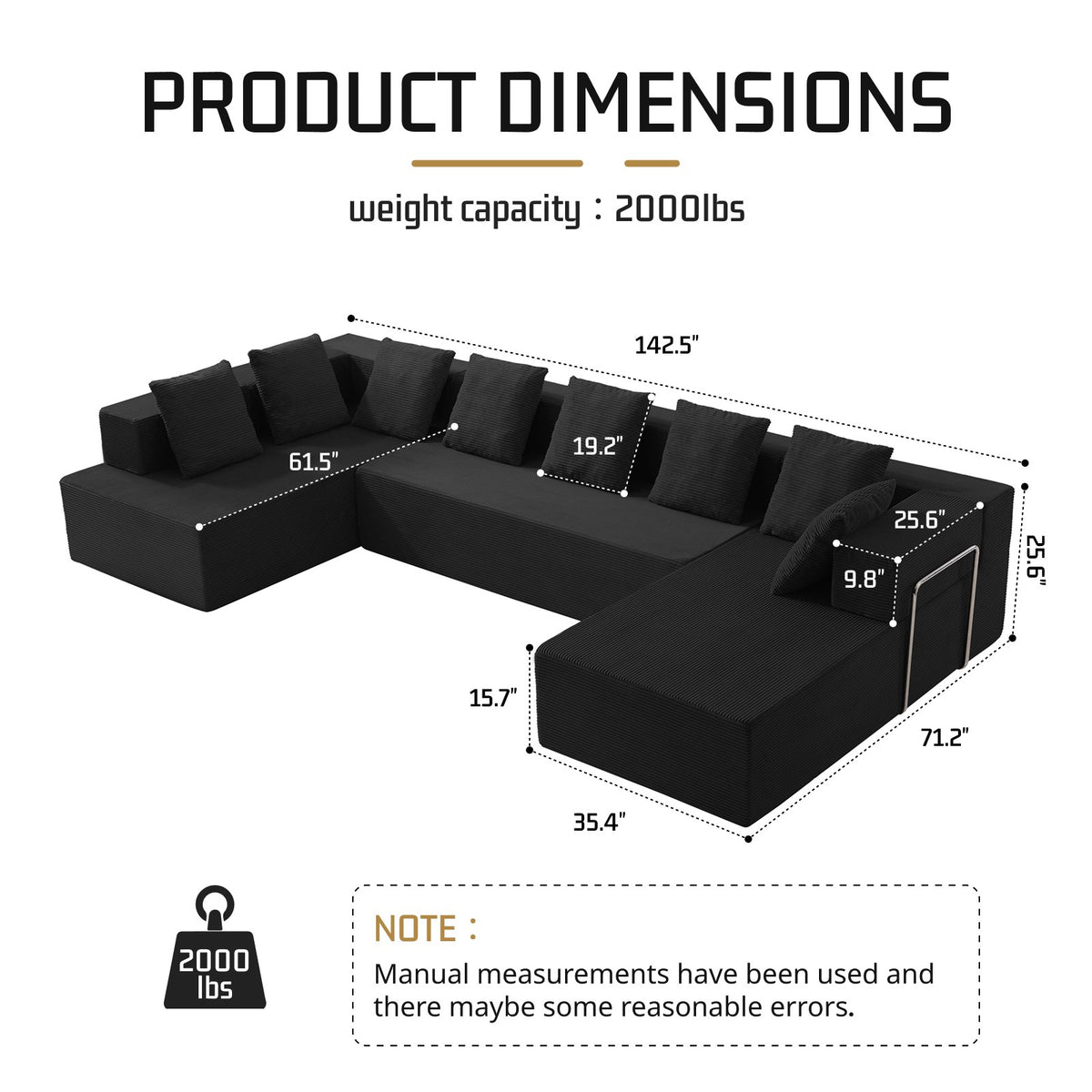 Corduroy Boneless Sectional — 7-Seat — Black