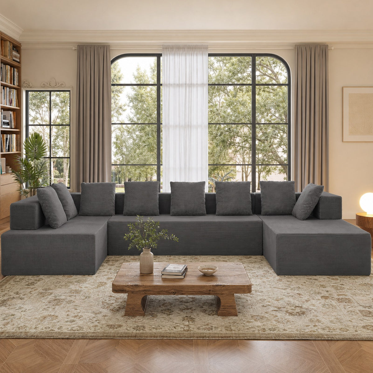 Corduroy Boneless Sectional — 7-Seat — Gray