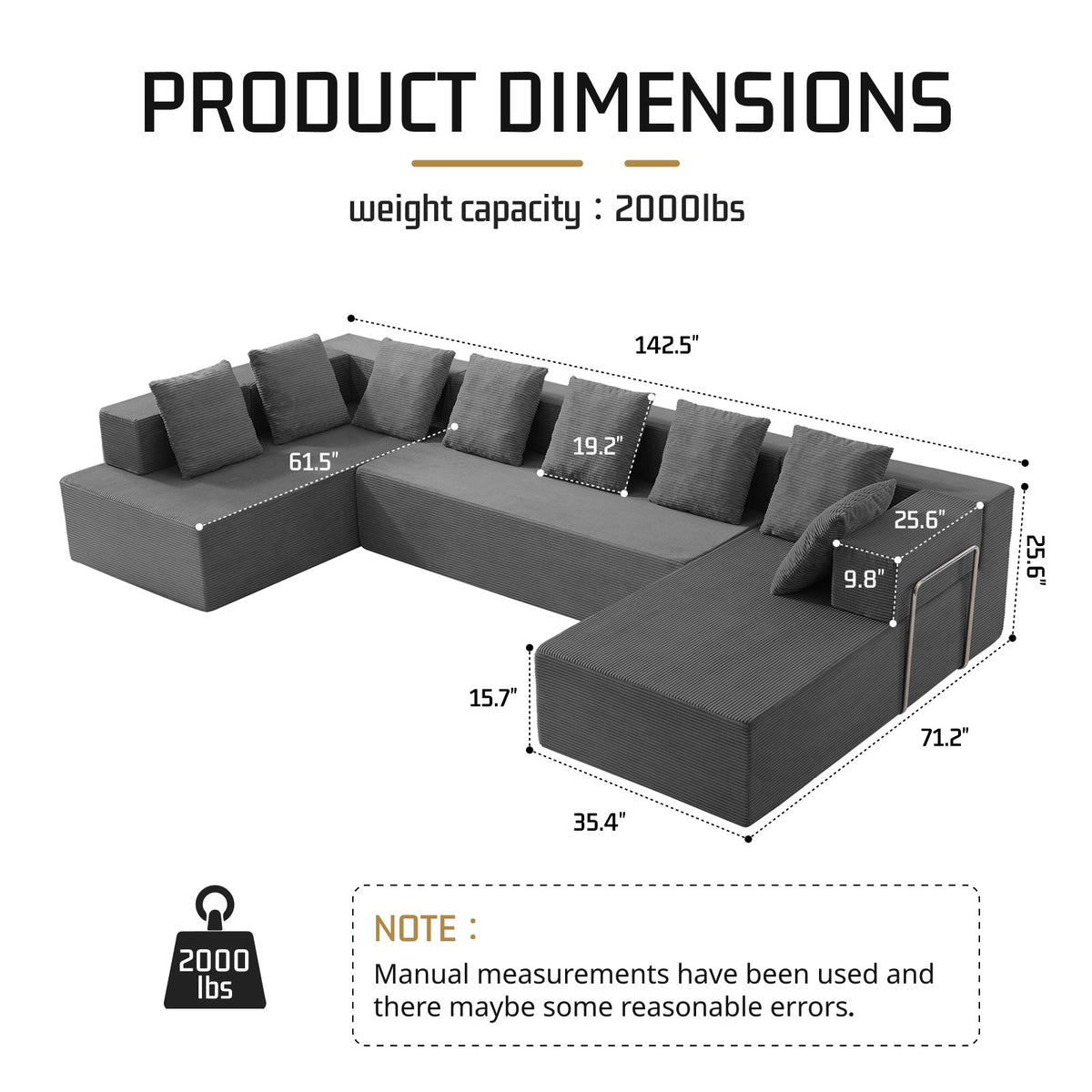 Corduroy Boneless Sectional — 7-Seat — Gray