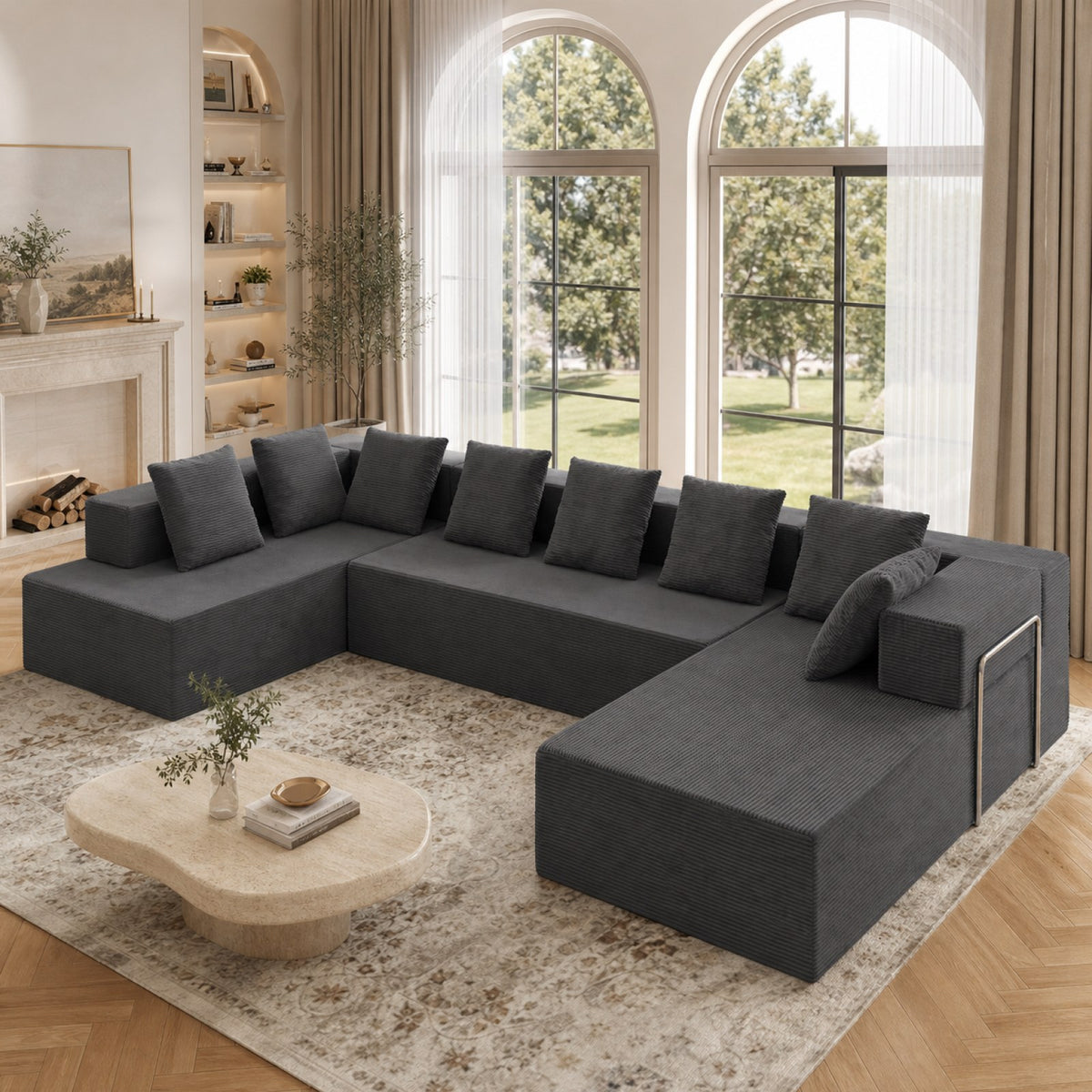 Corduroy Boneless Sectional — 7-Seat — Gray