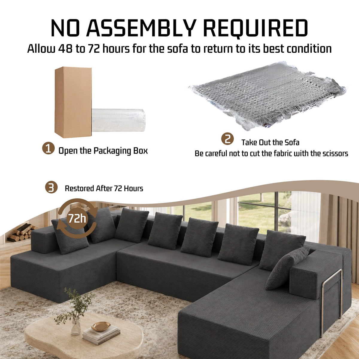 Corduroy Boneless Sectional — 7-Seat — Gray