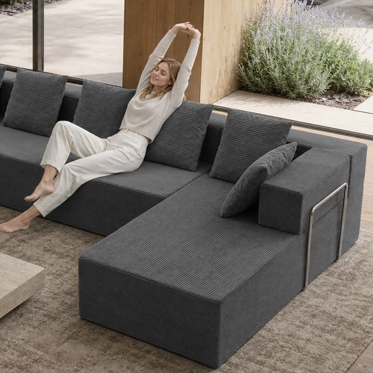 Corduroy Boneless Sectional — 7-Seat — Gray