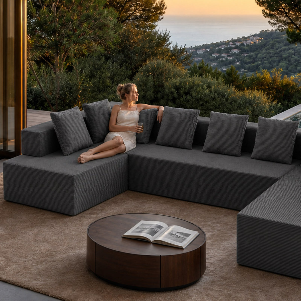 Corduroy Boneless Sectional — 7-Seat — Gray