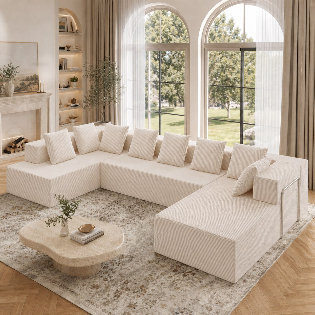 Corduroy Boneless Sectional — 7-Seat — White