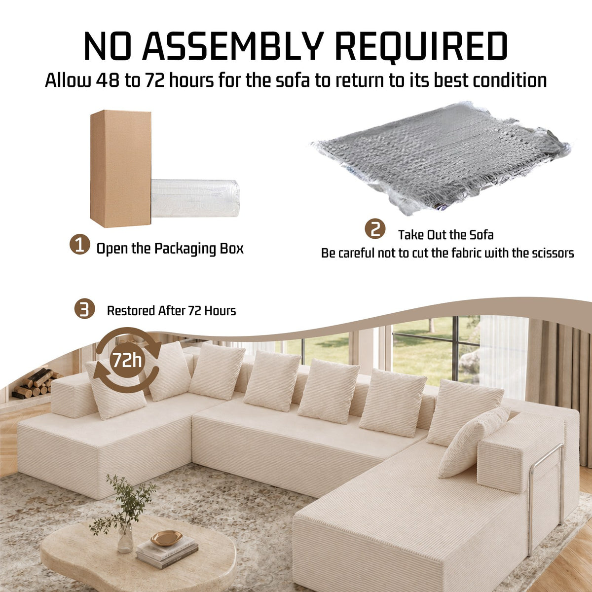 Corduroy Boneless Sectional — 7-Seat — White