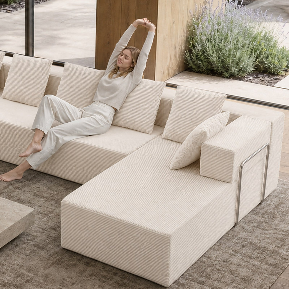 Corduroy Boneless Sectional — 7-Seat — White