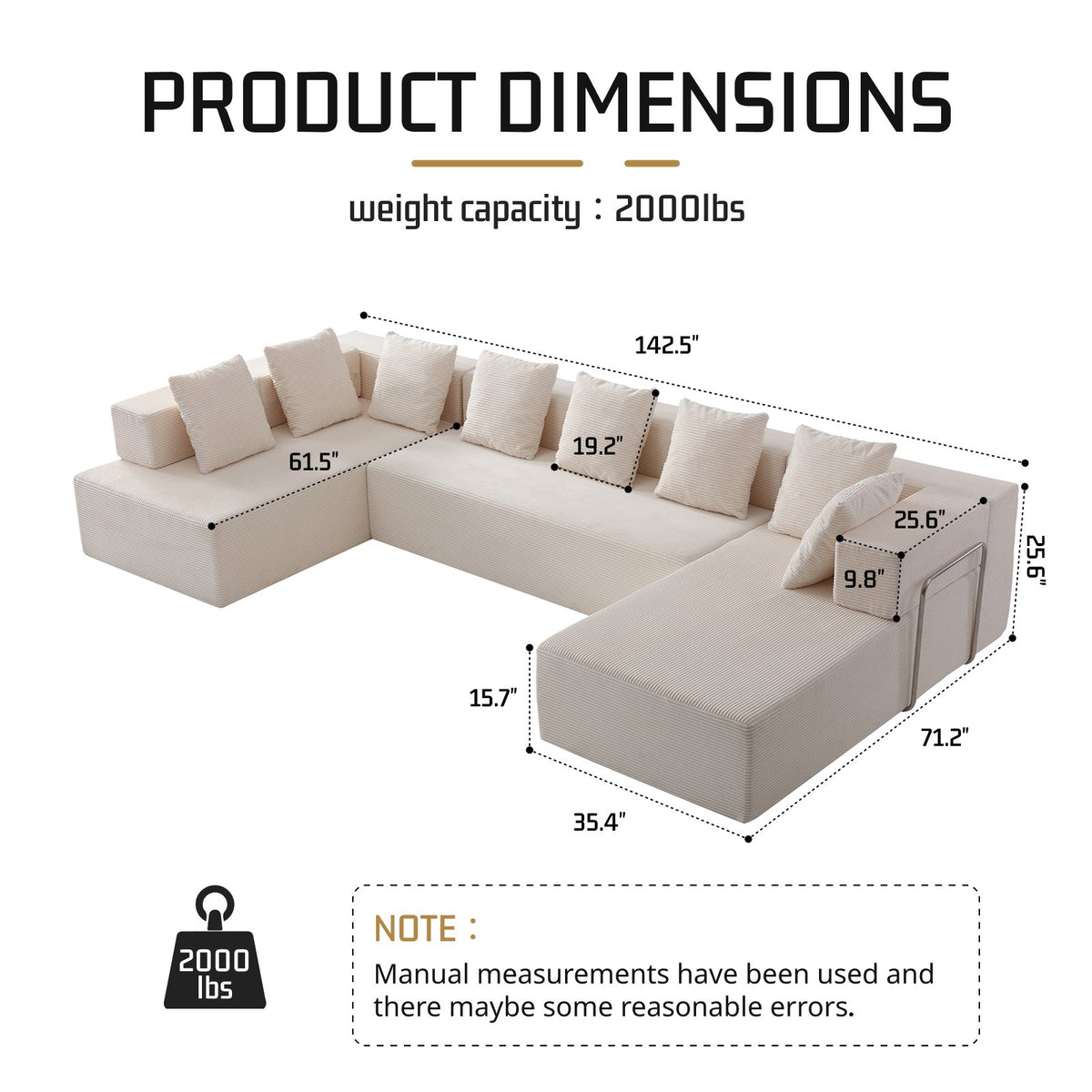 Corduroy Boneless Sectional — 7-Seat — White