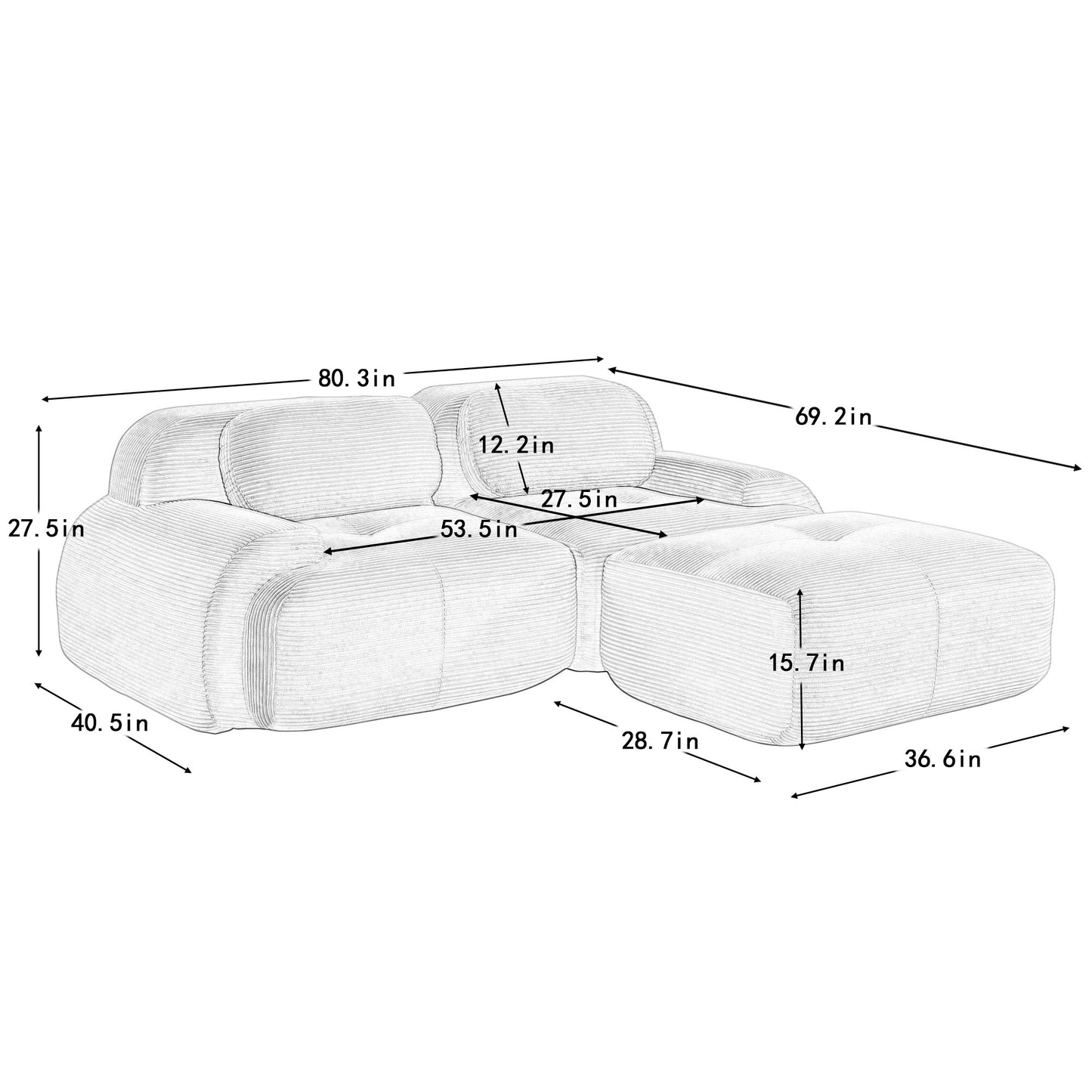 Dimension drawing for the corduroy boneless sectional, 2-seat with one ottoman layout — 2-Seat + 1 Ottoman