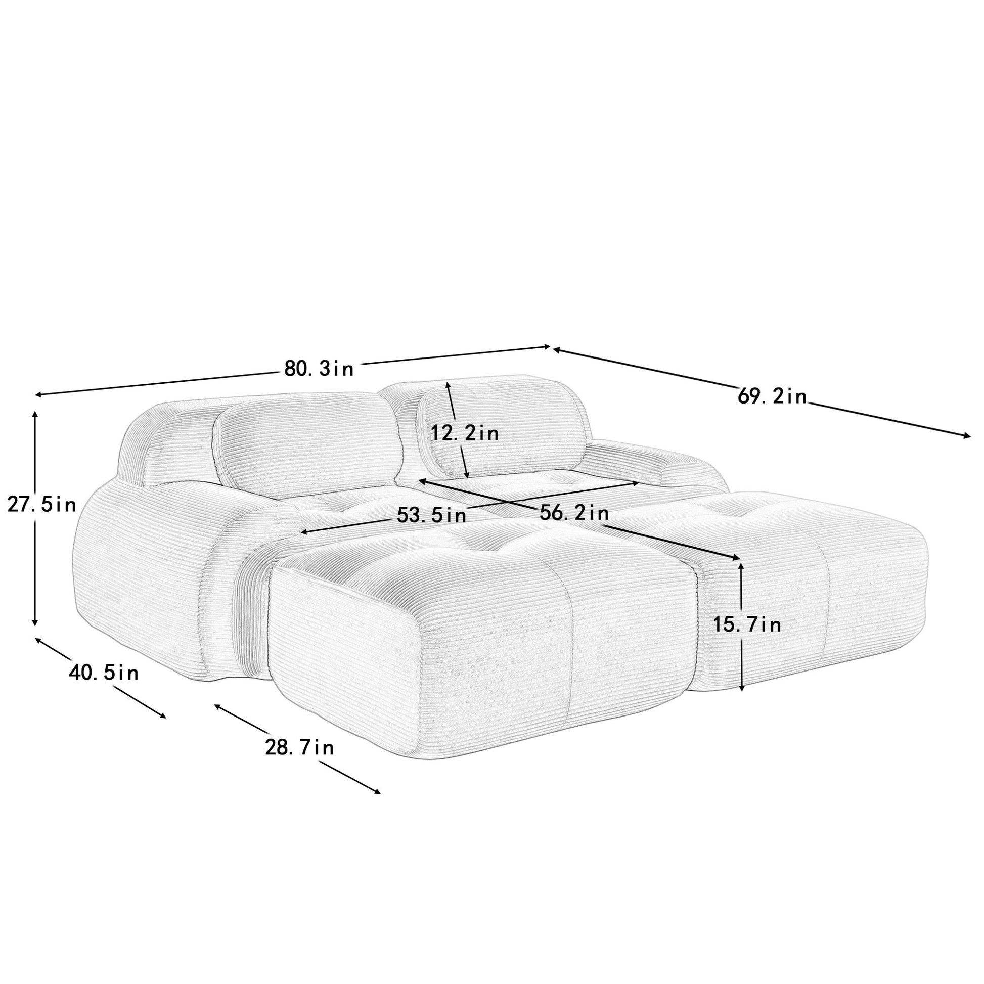 Dimension drawing for the corduroy boneless sectional, 2-seat with two ottomans layout — 2-Seat + 2 Ottomans