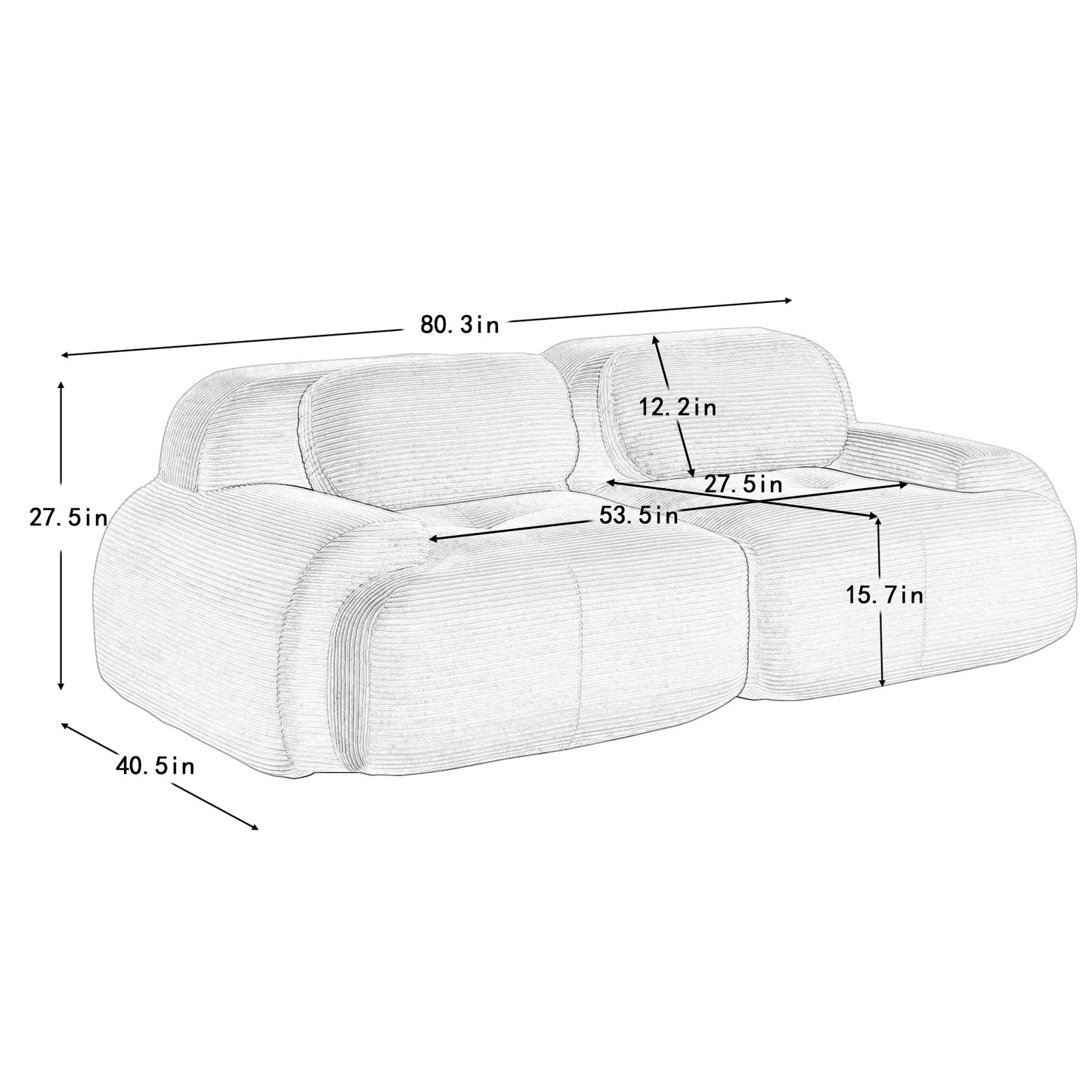 Dimension drawing for the corduroy boneless sectional, 2-seat layout — 2-Seat