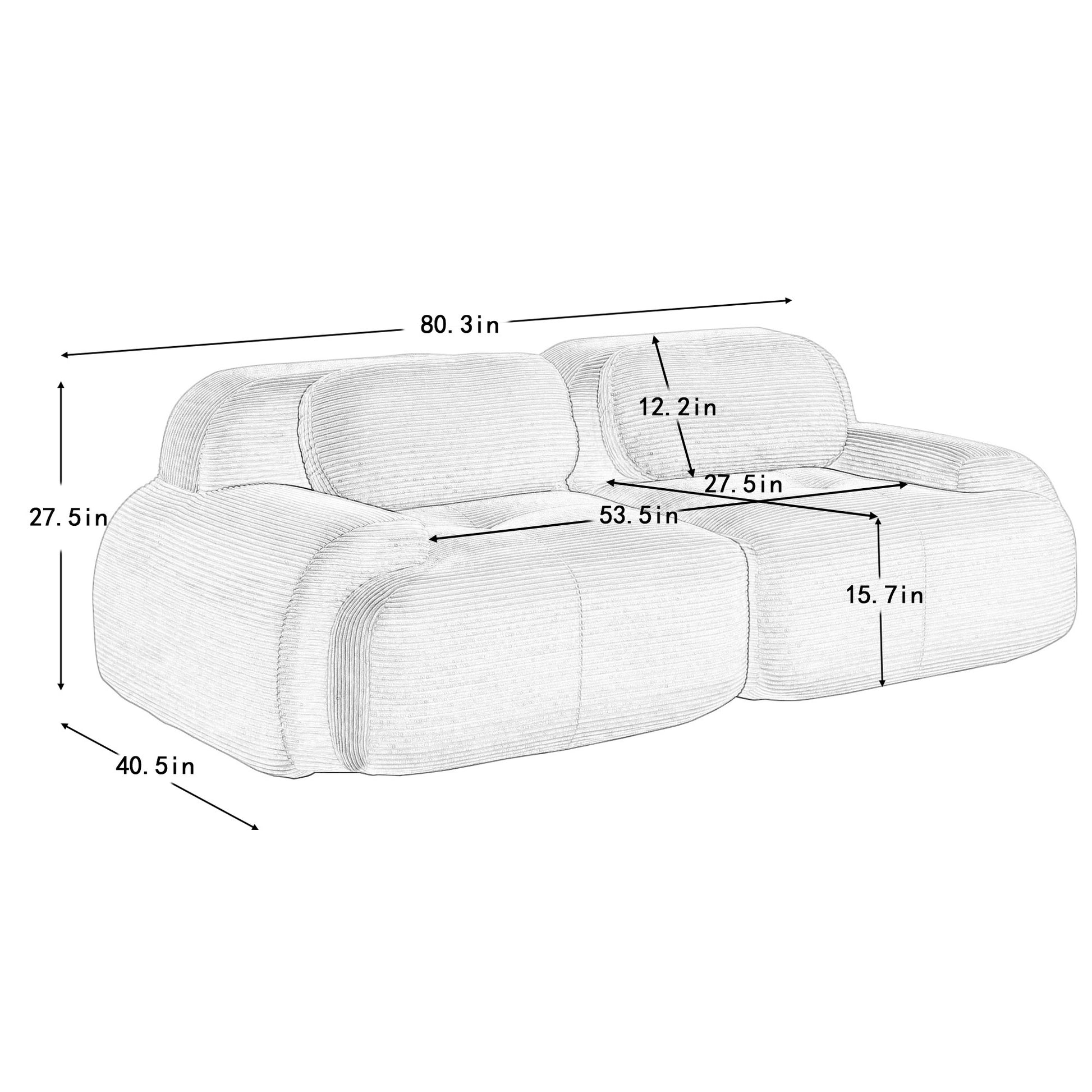 Dimension drawing for the corduroy boneless sectional, 2-seat layout — 2-Seat